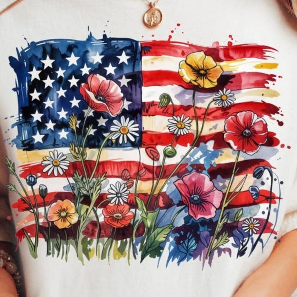 American Flag Floral Shirt, Patriotic Wildflower USA Shirt - Picture 2 of 3